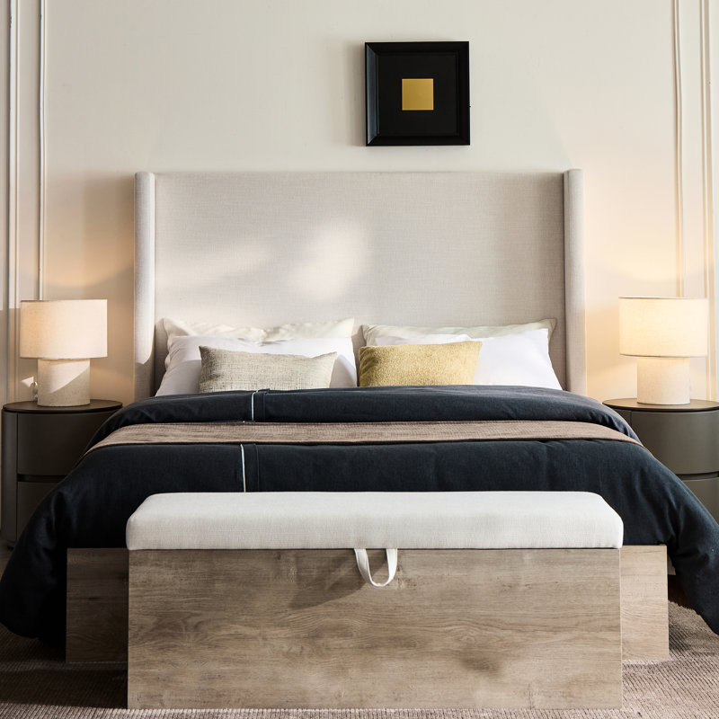 Cadre de grand lit avec tête de lit de 54 po, conception rustique scandinave, toile texturée, support en métal, boîte tout-en-un, structure de tête de lit haute à installation simple, style moderne, chenille, rapide