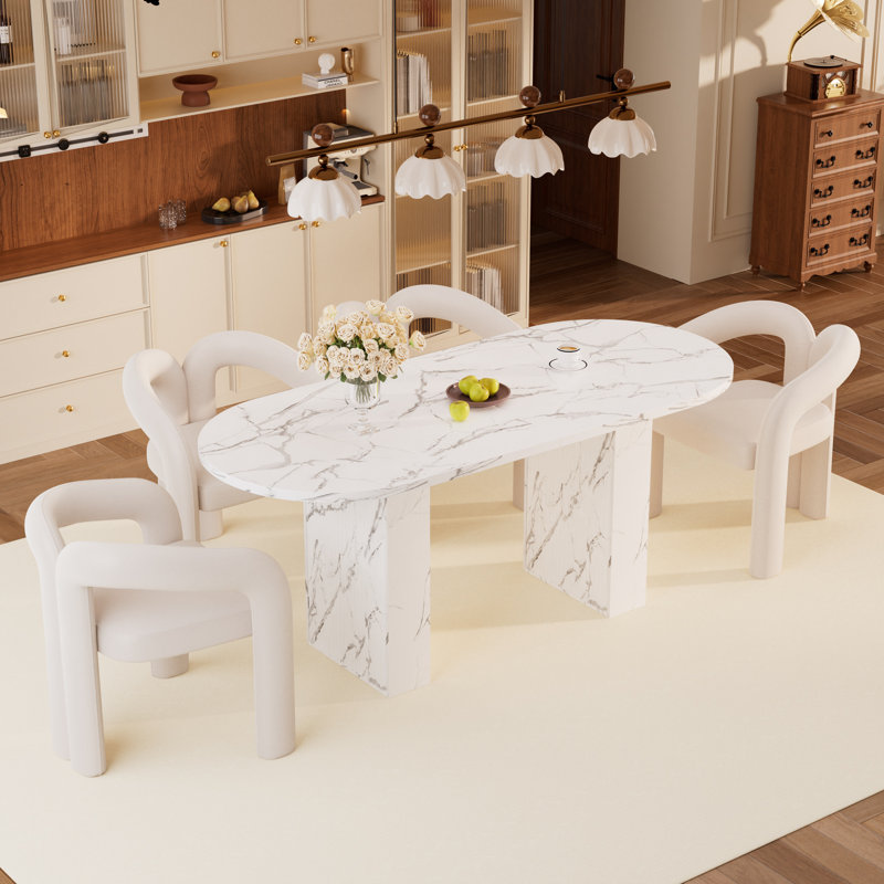 62.9 Inch Oval Dining Room Table for 6 with White Marble Top & Wood Base, Modern Farmhouse Kitchen（Only Table）