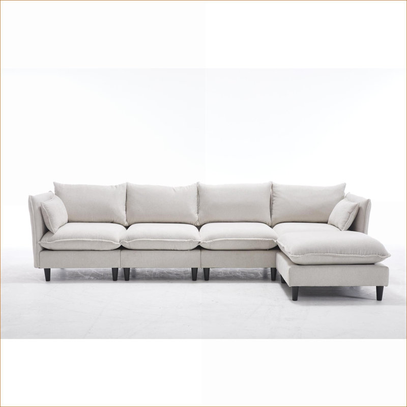 Canapé modulaire, canapé 4 places en L avec repose-pieds mobile, pour salon | Beige | Bois et tissu
