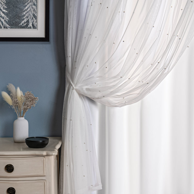 Pearl Beaded Tulle Overlay Room Darkening Grommet Curtains (Set Of 2), 52" W x 84" L, White