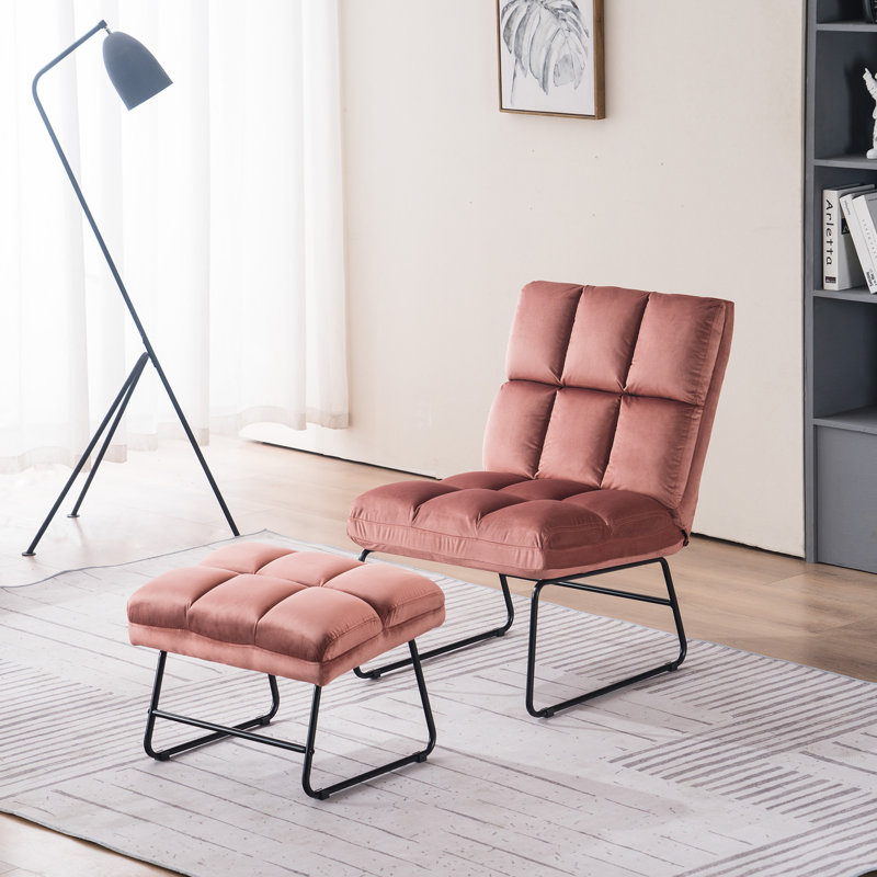 Merrick Road Accent Chair with Ottoman, Velvet Modern Metal Legs, Club Chair Lounge Sofa Couch, Pink Velvet