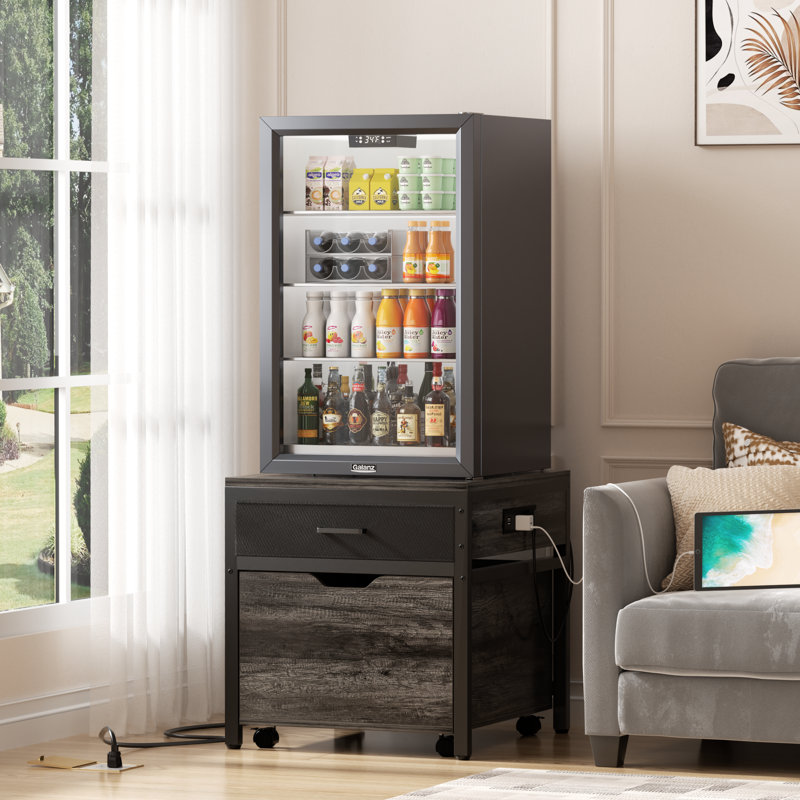 Mini Fridge Stand With Drawer Storage, Power Outlet  And Lockable Wheels, Gray Oak