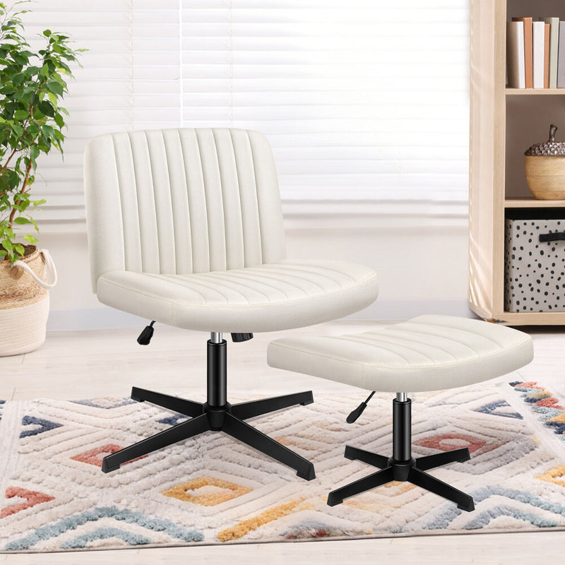 ELFORDSON Cross Legged Office Chair with Ottoman PU Leather, Velvet, Beige