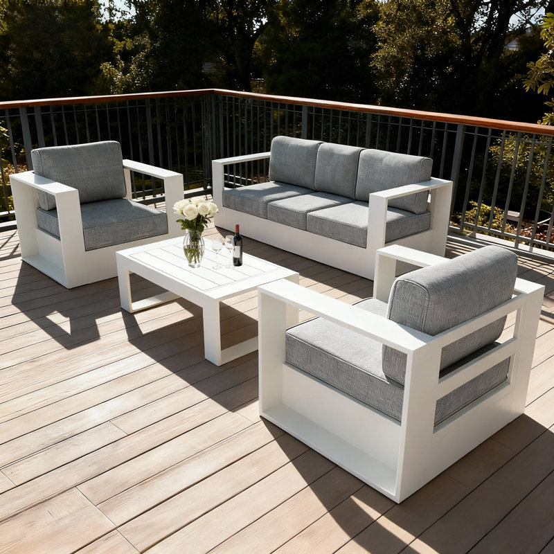 Modern Outdoor Aluminum 4-piece Conversation Set With Coffee Table, Grey Cushion/Light Grey Frame