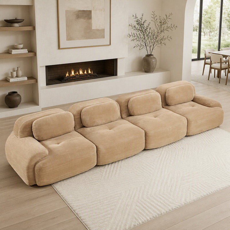 Canapé modulaire 4 places en velours côtelé doux avec éponge haute résilience 32D, conception ergonomique pour animaux de compagnie, aucun assemblage requis, brun clair