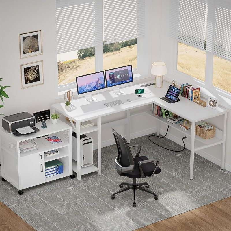 Afjol 47'' L Shaped Desk with Magic Power Outlets, USB Charging Ports and Storage Shelves, White/White