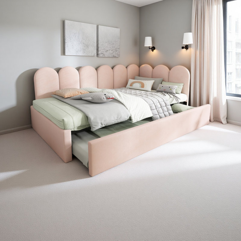 Upholstered Bed Daybed With Pull-Out Bed, Twin Size Single Sofa Bed，Metal Slatted Frame, Velvet, Pink