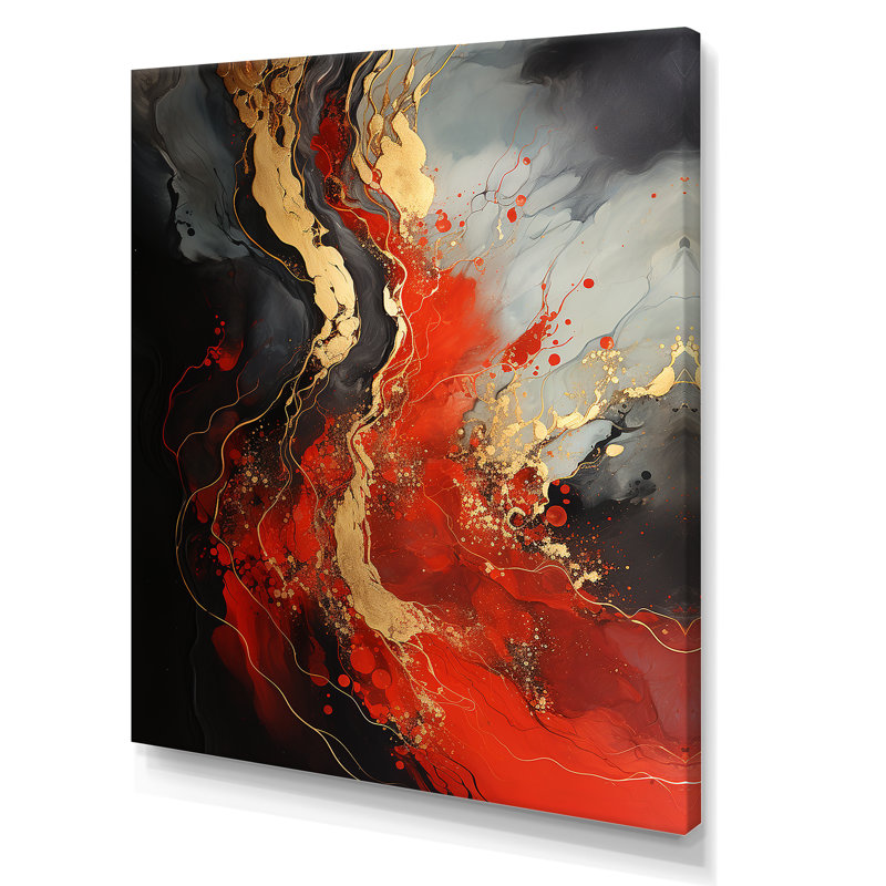Rouge et volcan en marbre doré V - art mural abstrait, Toile tendue, H 40 po x l 30 po
