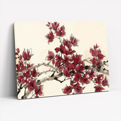 Red Cherry Blossom Floral Canvas Wrapped Wall Art Oil Painting Print Set Of 1