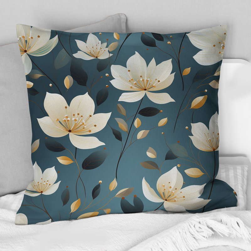 Motif floral élégant bleu sarcelle et ivoire - Coussin décoratif imprimé floral, H 18 po x l 18 po