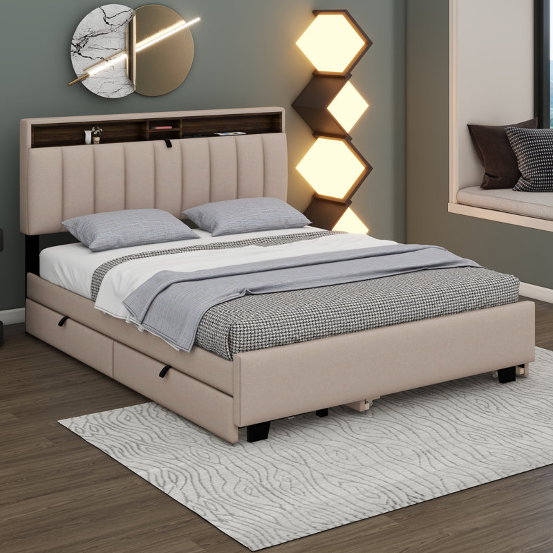 Grand lit plateforme tapissier avec tête de lit, gigogne et 2 tiroirs, Beige