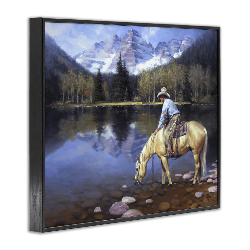 «Cowboy & Horse at River's Edge», estampe numérique, conception de Jack Sorenson, H 11 po x l 14 po