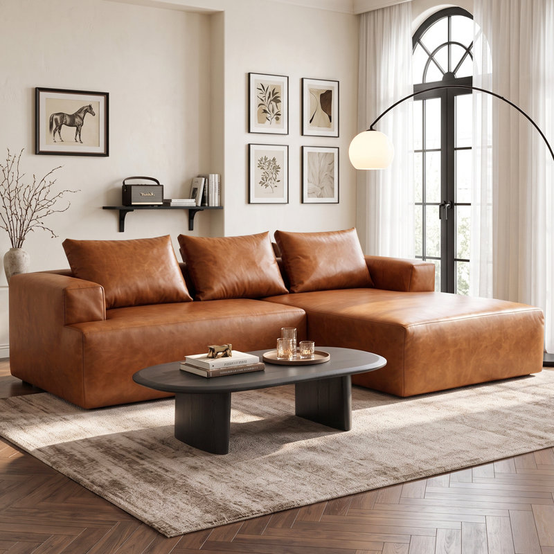Canapé modulaire en similicuir 95 po en forme de L avec méridienne droite, sans assemblage, brun, Gauche, Brun