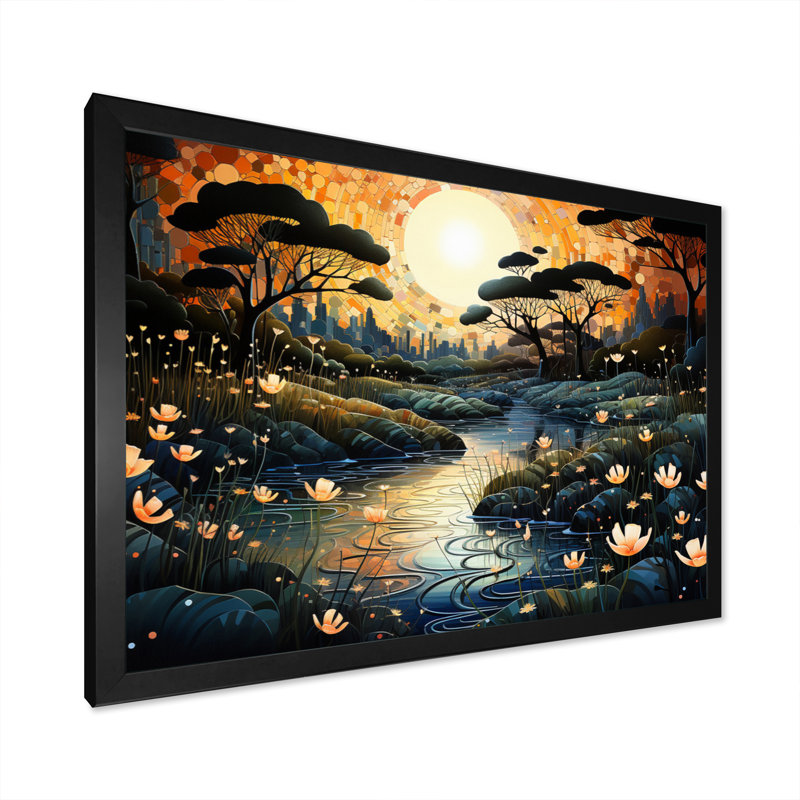 River Pointillism Charm At Night I - impressions sur toile pointillisme, Cadre simple noir, H 12 po x l 20 po x P 1 po