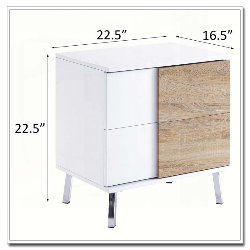 Table de bout blanche brillante et naturelle avec 2 tiroirs