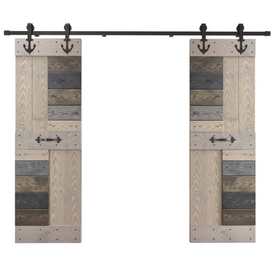 S Series Embossing DIY Knotty Pine Wood Double Sliding Barn Door with Hardware Kit