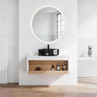 Meuble-lavabo mural 30 po avec lavabo en céramique et compartiments de rangement ouverts