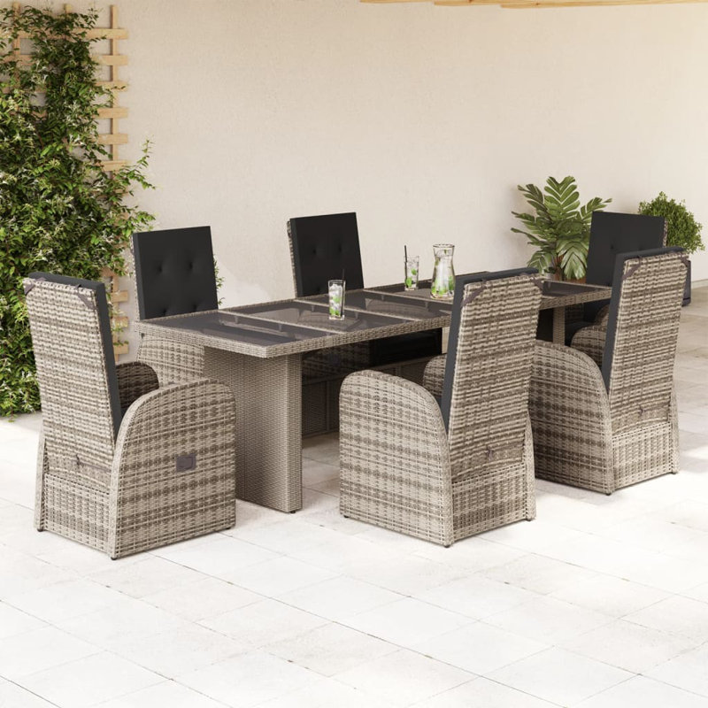  Ensemble repas 7 pièces pour patio avec coussins en rotin de polyester gris