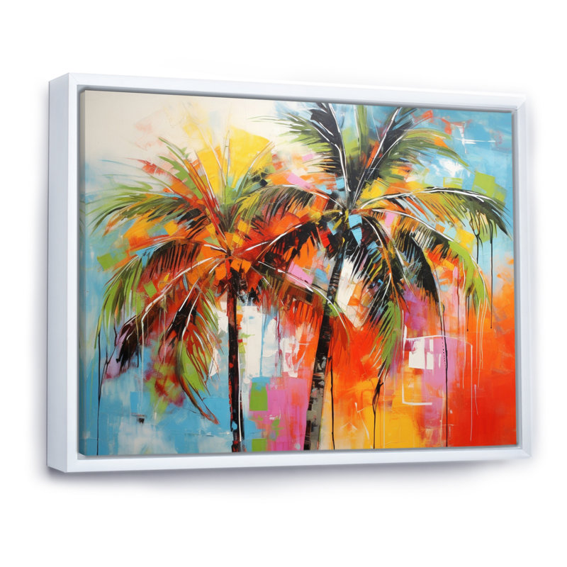 «Popart Palm Trees I», reproduction d'art sur toile Palm Trees, H 34 po x l 44 po x P 1,5 po, Cadre flottant blanc