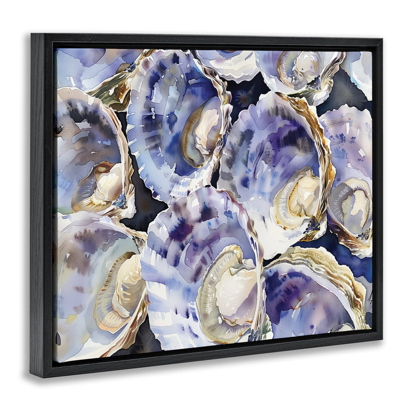 Cadre flottant maritime palourdes et huîtres, design par Heidi Kuntz, Cadre flottant noir de jais, H 17 po x l 21 po