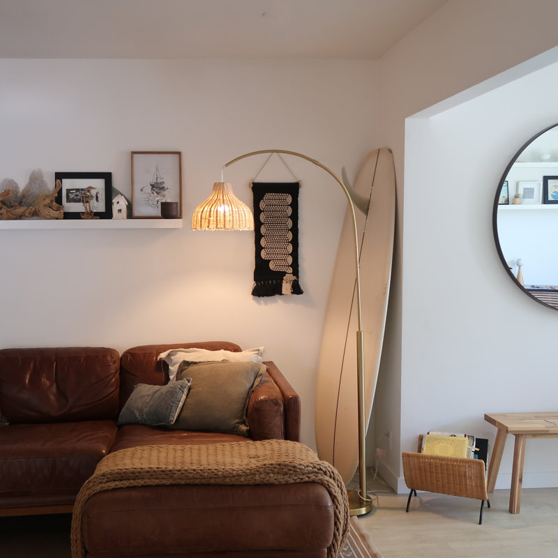 75" Brass Arc Floor Lamp with Rattan Shade