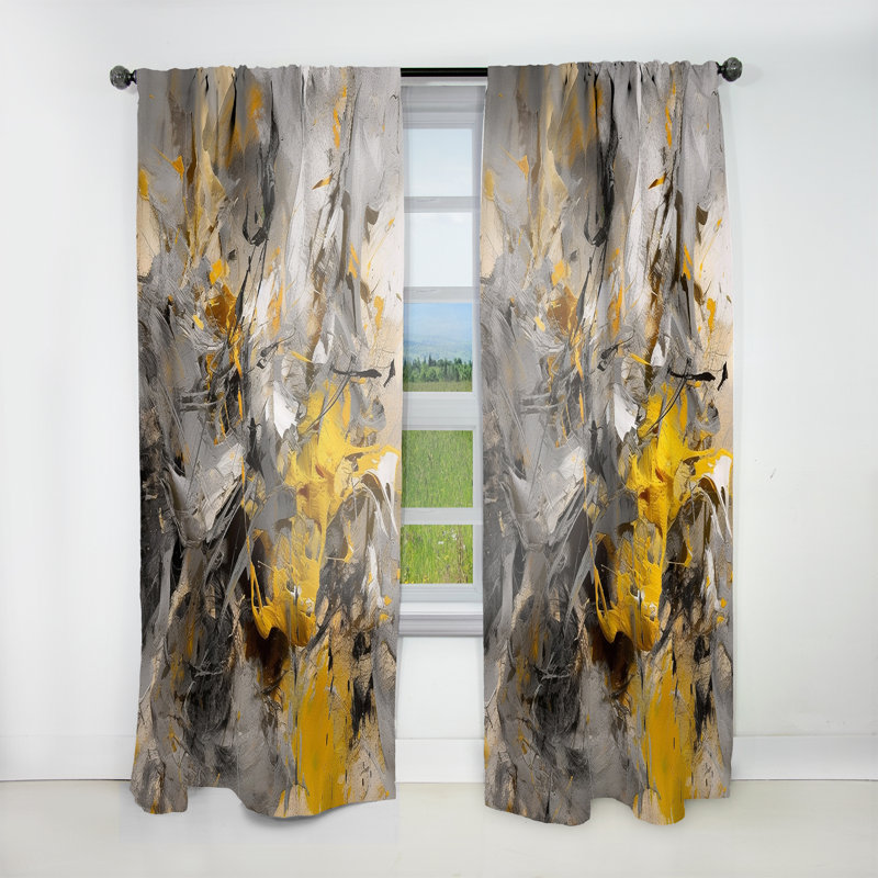 Rideau en velours abstrait moutarde jaune moutarde et gris vif III, L 52 po x L 63 po