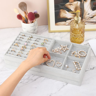 Rangement pour bijoux et rangement, organisateur de tiroir à bijoux empilable 14 po, ensemble de 5 plateaux à bijoux avec séparateurs amovibles, gris