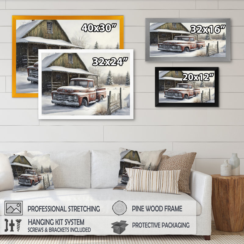 «Old Truck at the Barn in Winter I», peinture sur toile, H 24 po x l 32 po x P 1 po, Impression dorée sur toile encadrée