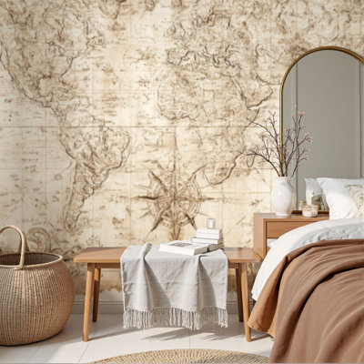 Peel and Stick Wallpaper Ancient World Map Aged Parchment Compass Rose Nautical Wall Murals 69"H x 96"W Removable PVC Wall Paper Self-Adhesive Wall Decor for Bedroom Living Room Home Office