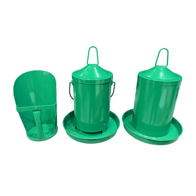Zylina Powder Coated Green Metal Waterer 1 G / Feeder 9 lbs / Scoop Combo Kit