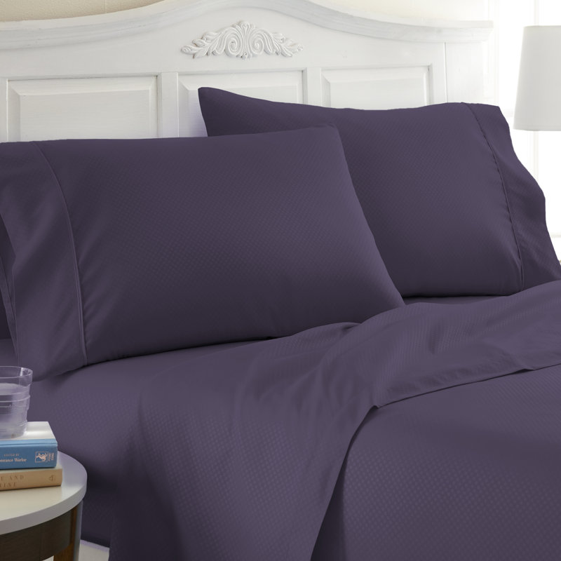 Becky Cameron Checkered Embossed Bed Sheet Set, Purple, Cal.King Sheet Set+1Fitted Sheet+2Pillowcase