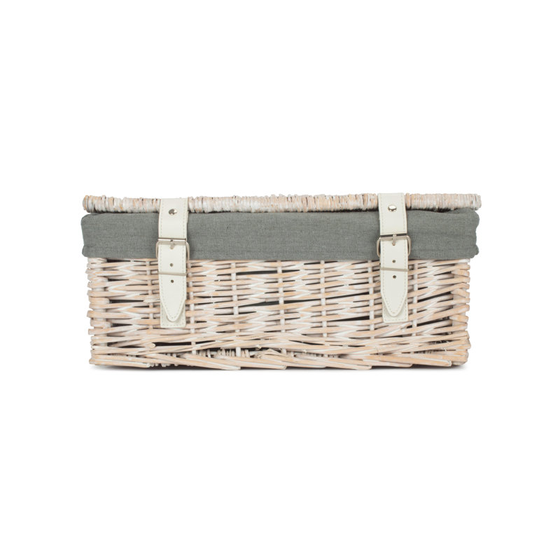 14" Wicker Picnic Hamper Basket with Lining, White Wash/Grey
