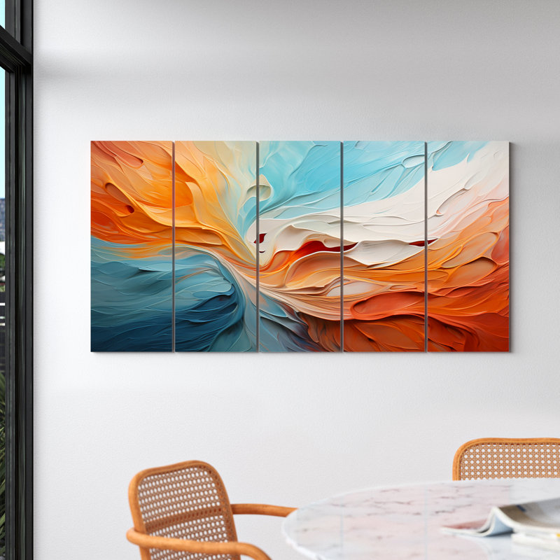 «Teal Orange Bold Abstract Flow Collage I», reproduction de toile tendue 5 pièces