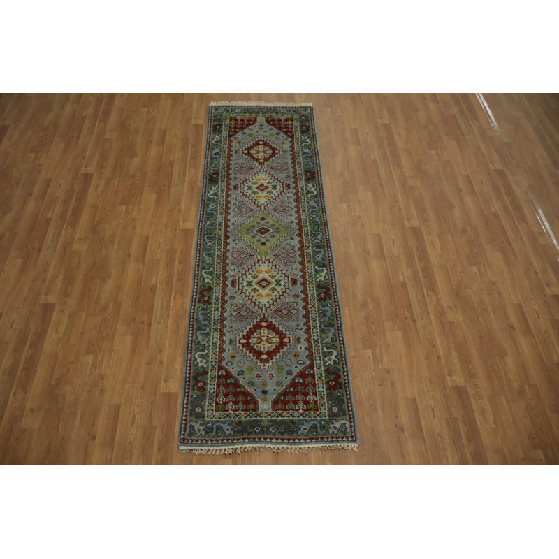 Tapis de couloir oriental géométrique bleu clair et vert Viss 8 pi 1 po x 2 pi 6 po