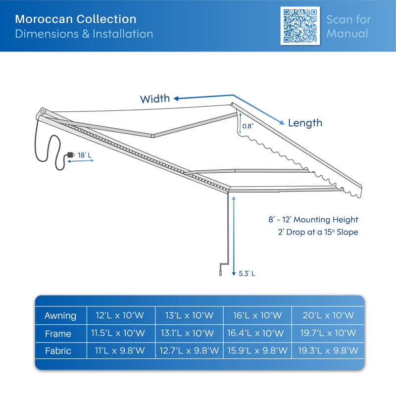 Semi-Cassette Patio Awning with LED Lights - Moroccan Collection , 16' W x 10' D, Desert Sand