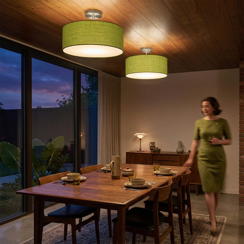 Stretch Semi Flush Mount, Avocado Linen Shade, Satin Nickel, Avocado