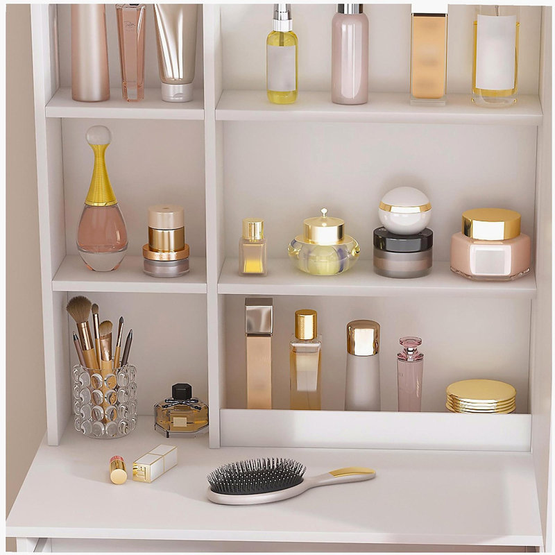 Modern Mini Dressing Table with LED-lit Mirror & Hidden Storage,Includes Padded Stool,Adjustable Brightness Vanity Desk,Multi-tier Dust-proof Shelves,White