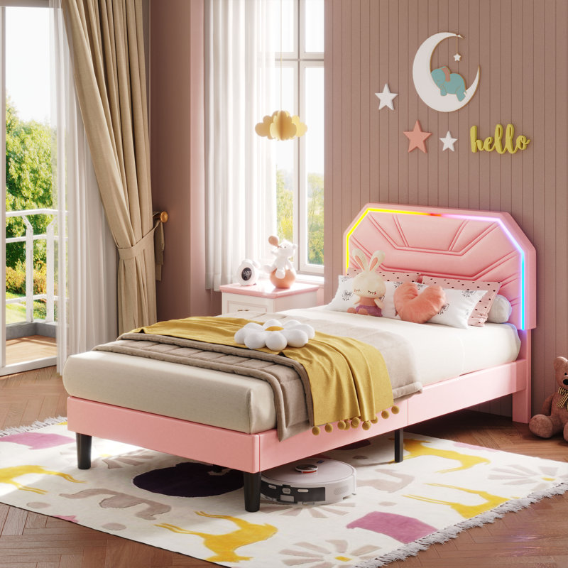 Cadres de lit avec tête de lit éclairée, Pink, Simple
