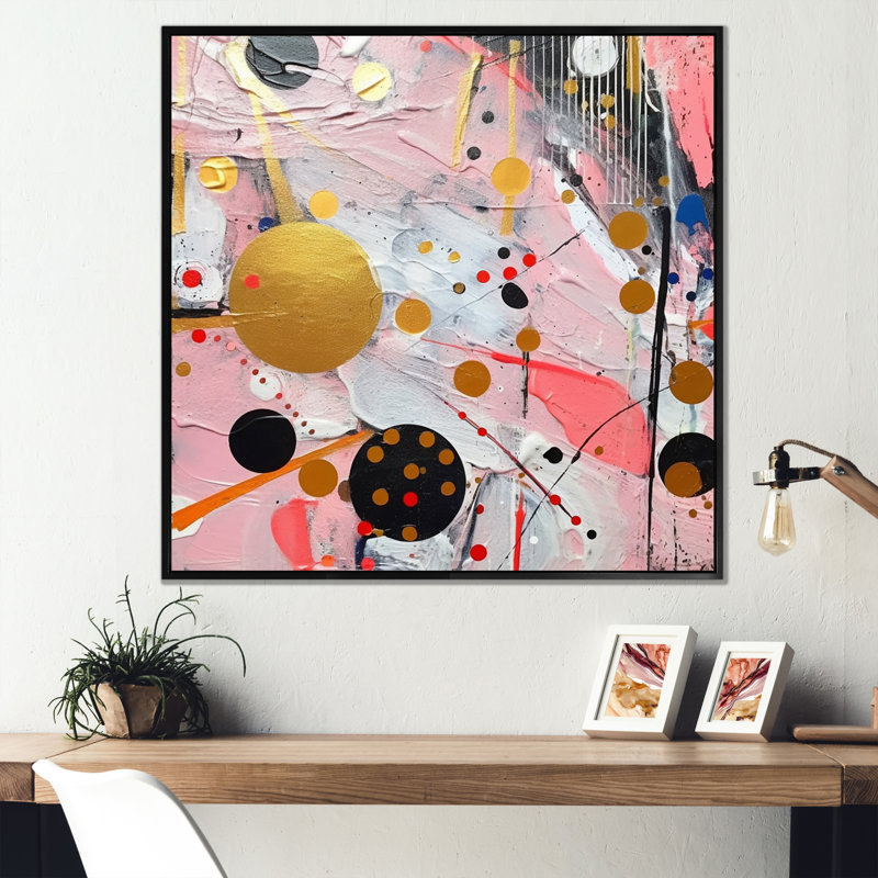 Rose et gris géométrique II sur toile, Cadre flottant noir, H 24 po x l 24 po x P 1 po
