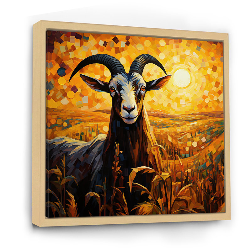 Coucher de soleil jaune, prairie, chèvre, art mural, Cadre flottant brun, 16" H x 16" W