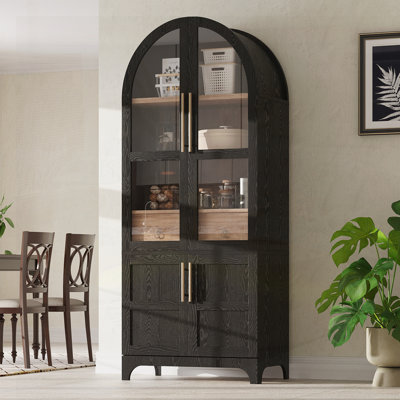 Grand garde-manger arqué avec tablettes de porte, armoire de rangement de cuisine de ferme avec tablettes ouvertes et réglables, tiroir caché et porte en verre