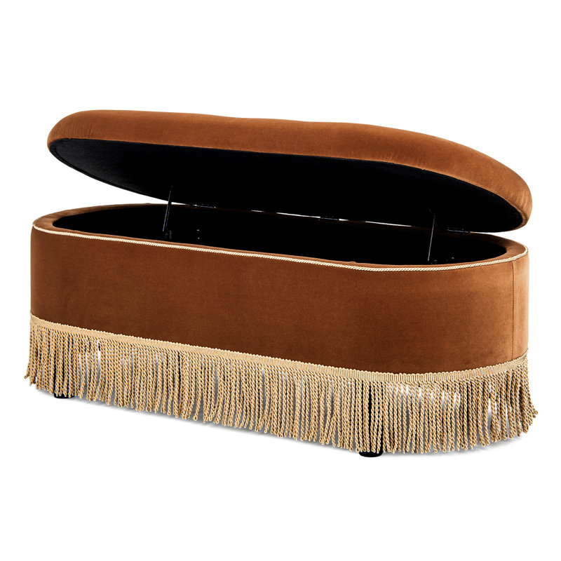 Oval Tufted Bullion Fringe Storage Bench, Burnt Orange