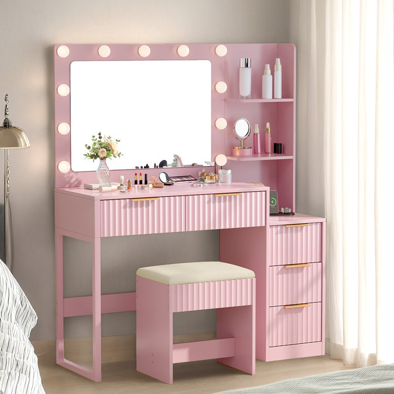 Lighted Vanity Set - 11pcs 3-Color Dimmable Bulbs, 5 Drawer, Pink