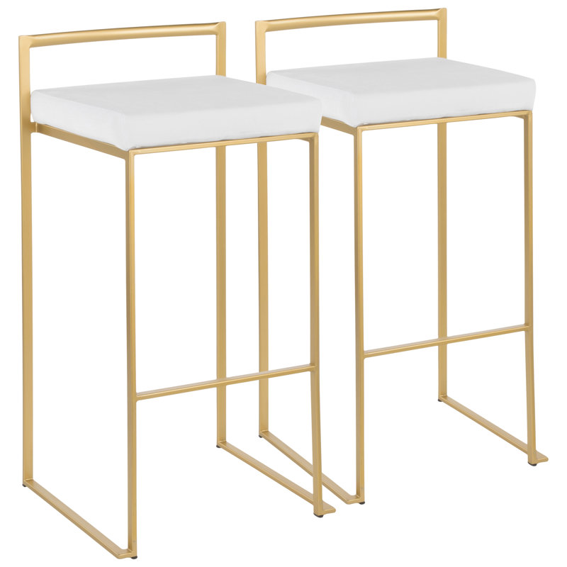 Tabouret de bar empilable Contemporary-Glam doré avec coussin en velours blanc - ensemble de 2