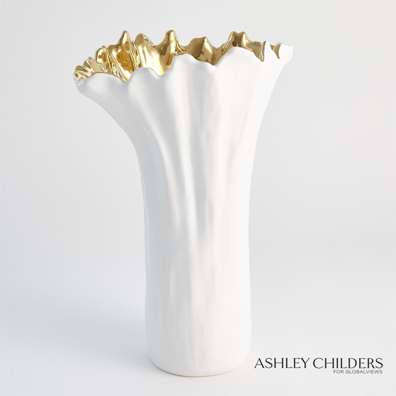 Organic Wave Oval Bowl-White-Lg, White/Gold