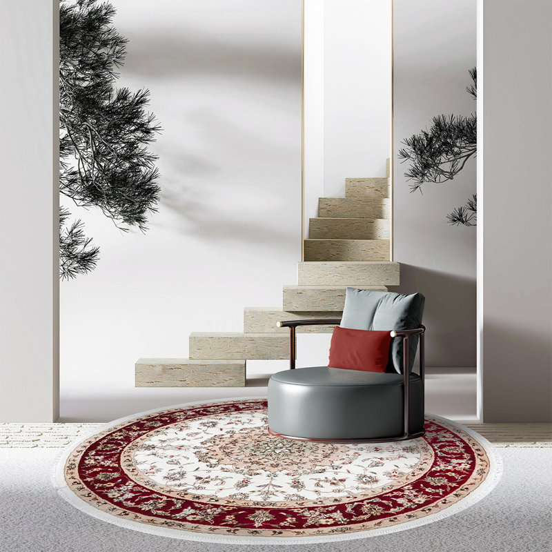 Hand-Knotted High-Quality Ivory, Red, and White Round Area Rug