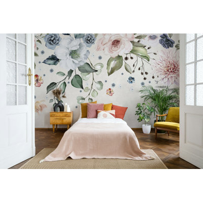 Papier peint floral aquarelle rosé et bleu