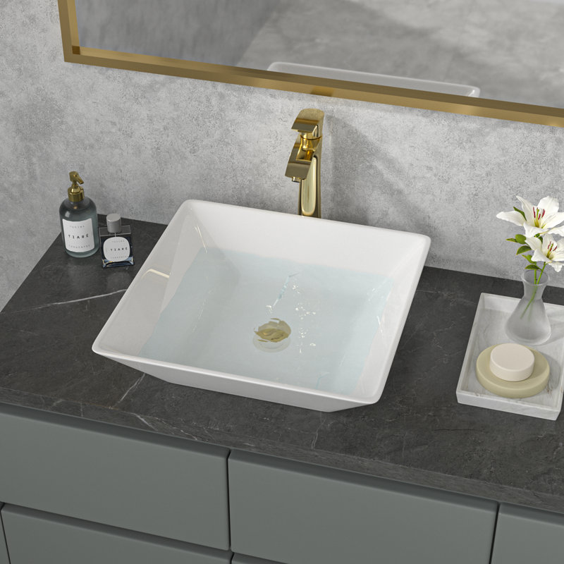 16" L Modern Square White Ceramic Vessel Bathroom Sink