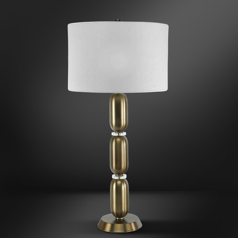 Modern Stacked Metal Table Lamp with Glass Accents and Linen Shade, Gold