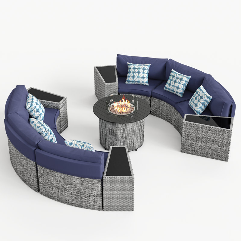 6 - Person Fully Assembled Curved Patio Conversation Set With Side Table, Navy,  Yes 
